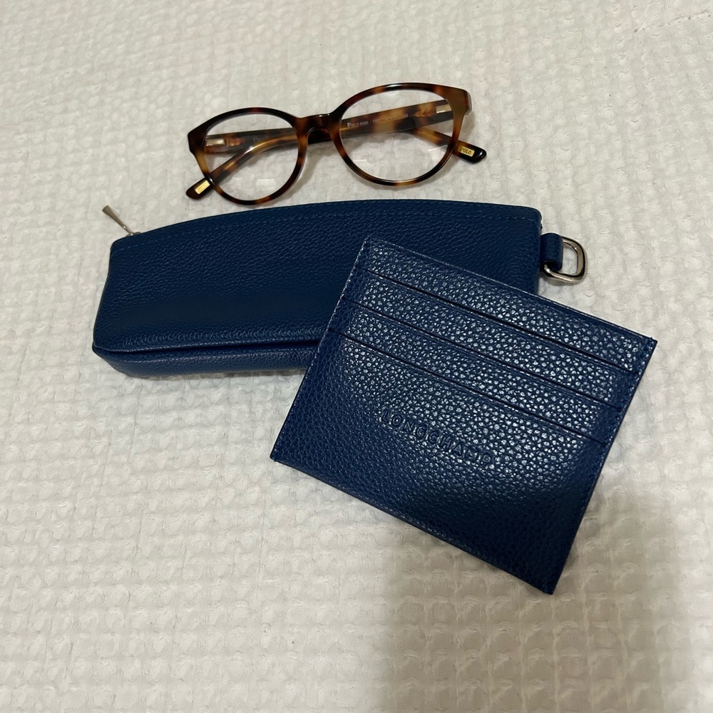 Longchamp eyeglasses case and card case in blue leather. Selling as a set.